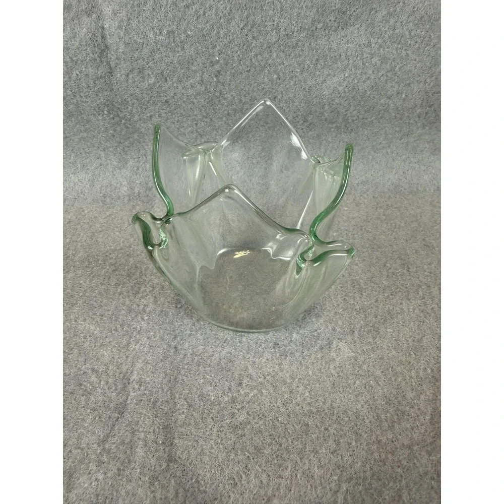 Green Rim Hand Blown Art Glass Tulip Fold Small Vase Votive Candle Holder Decor